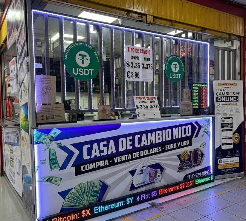 Fachada iluminada de Casa de Cambios Nico, sede Los Olivos